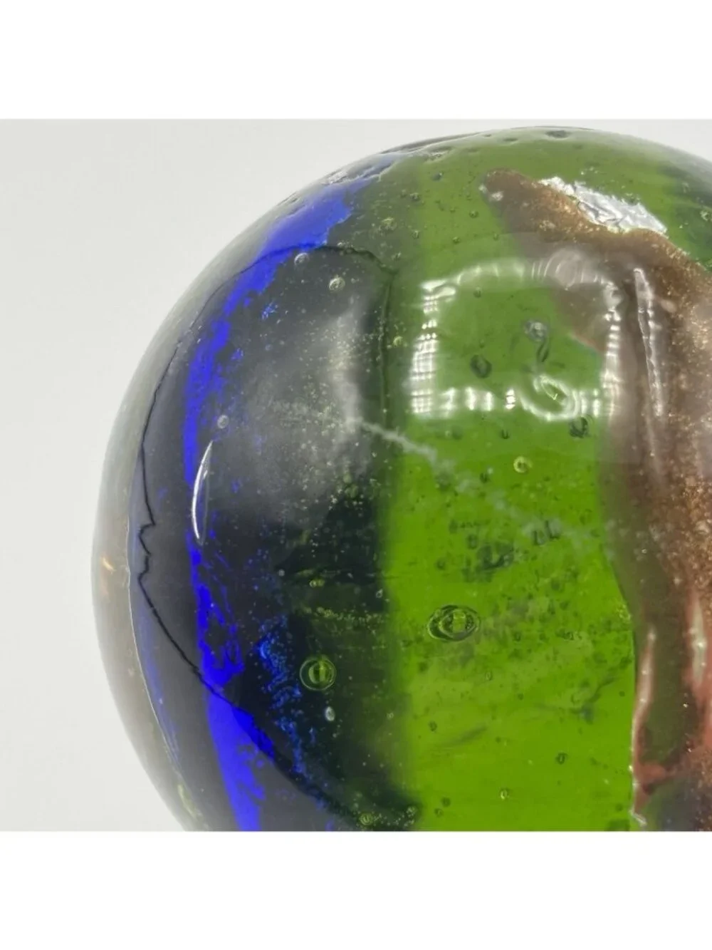 Art Glass Wine Bottle Stopper Topper Green Ball Gold Blue Striped Glossy Bubbles